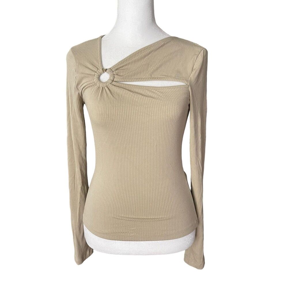 & Other Stories XS Blouse Long Sleeve Cutout Neckline Top Ribbed Nude